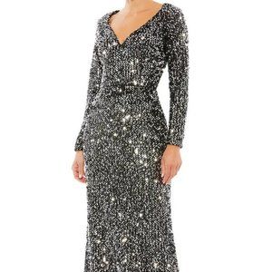 Mac Duggal Black Silver Sequin Long Sleeve Trumpet Gown
